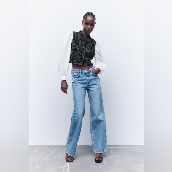 ZARA Black & White Plaid Cropped Vest with White Puff Sleeves - Picture 3 of 11